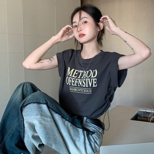 Plus Size Women's Fat mm Letter Printed Short-Sleeved T-Shirt Women's Summer New Design Niche Drawstring Round Neck Loose
