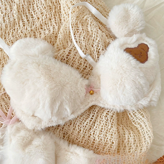 Теплый комплект нижнего белья с плюшевым кроликом в японском стиле для девочек: мягкий, милый, симпатичный, из чистого хлопка, без косточек, для зимы