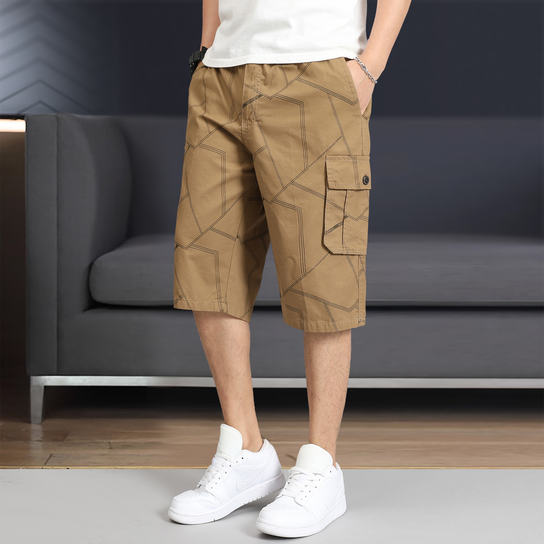 Men's Casual Shorts Pure Cotton Breathable Multi-Pocket Striped Cropped Pants Summer All-Cotton Sweat-Absorbent Cargo Pants Thin