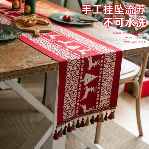 Red Christmas table flag, atmospheric decoration, coffee table cover, Christmas strip tablecloth, chenille restaurant tablecloth