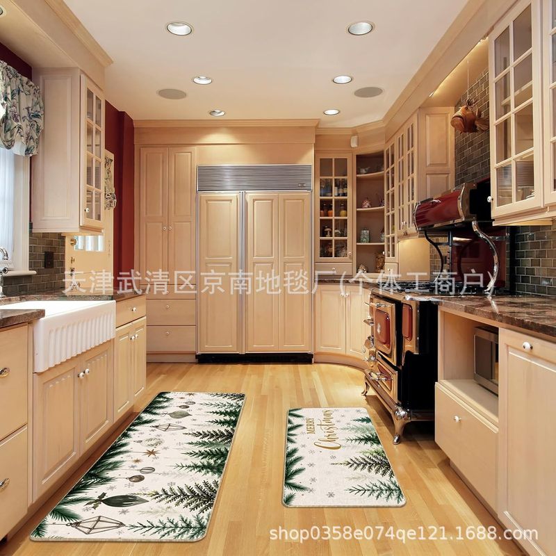 亚马逊跨境圣诞树卡车水晶绒厨房垫两件套防滑耐脏入户玄关地垫|undefined