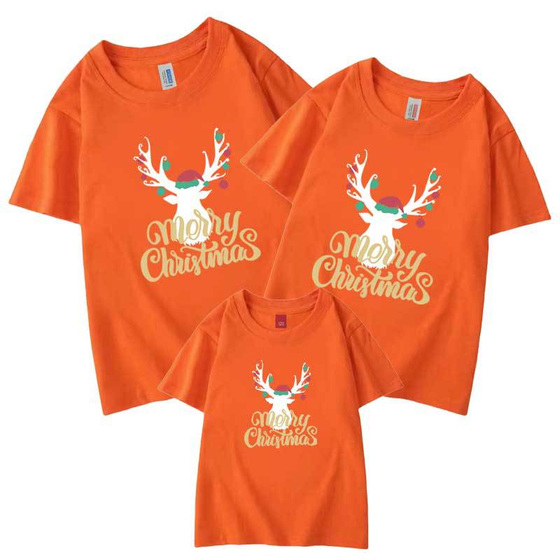 Camiseta al por mayor carta de verano cabeza de ciervo de Navidad autoproducido y vendido algodón refinado ropa de padre-hijo ropa de clase ropa para niños manga corta cuello redondo