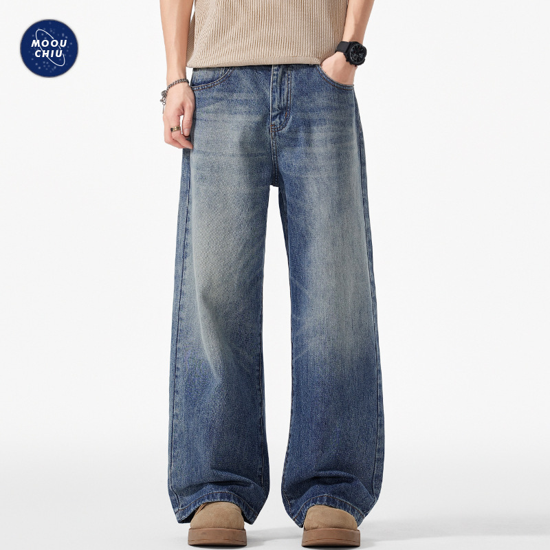 Muqiu Men's Wear | American Retro Multi-Scratch Washed Distressed Jeans Men's Loose Straight Wide-Leg Long Pants