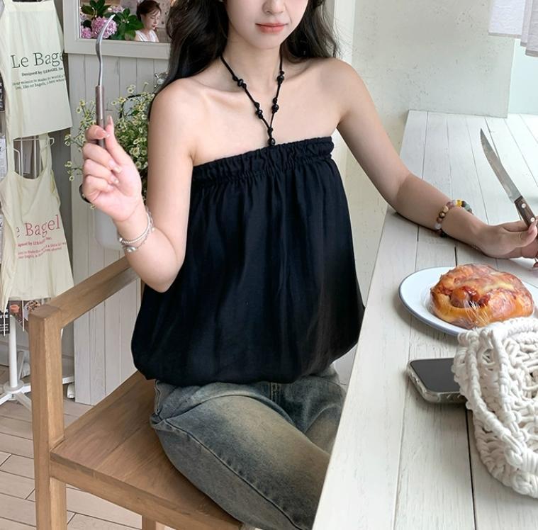 Áo croptop nữ đính cườm cổ yếm, thiết kế dáng nụ hoa ngắn, phong cách Hàn Quốc — màu đen chi tiết 1