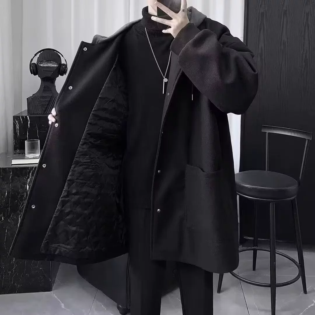 Комплект, мужское осеннее шерстяное пальто, стеганое trenchcoat с капюшоном, британский стиль, свободный крой, увеличенная толщина