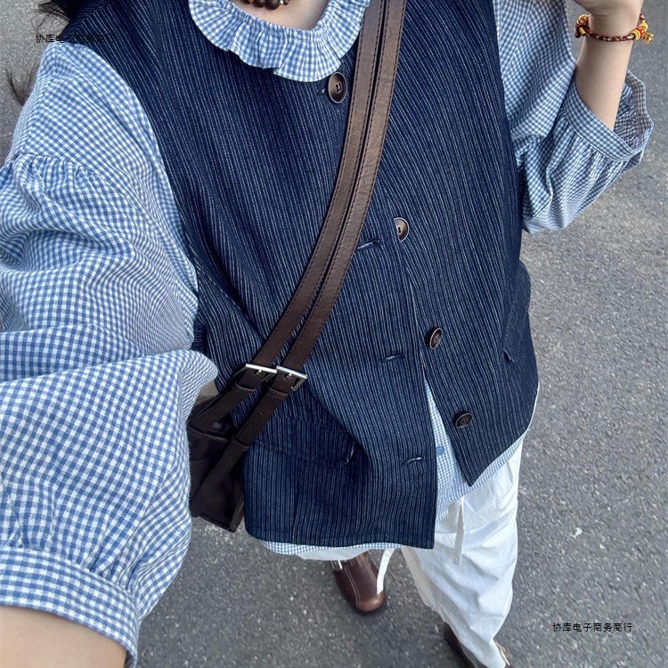 格纹复古装蓝色女学生长袖衬衫两件套牛仔马甲外套学院风韩版搭配