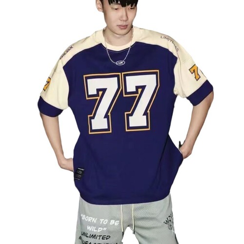 77 Ice Hockey Short-Sleeved American Retro Sports High-Street Casual Rugby Jersey Basketball Hip-Hop Shirt T-Shirt European and American Style