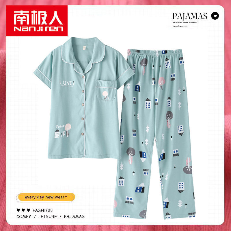 Pijamas de mujer de verano de algodón de manga corta pantalones de solapa de verano de las mujeres delgadas homewear traje