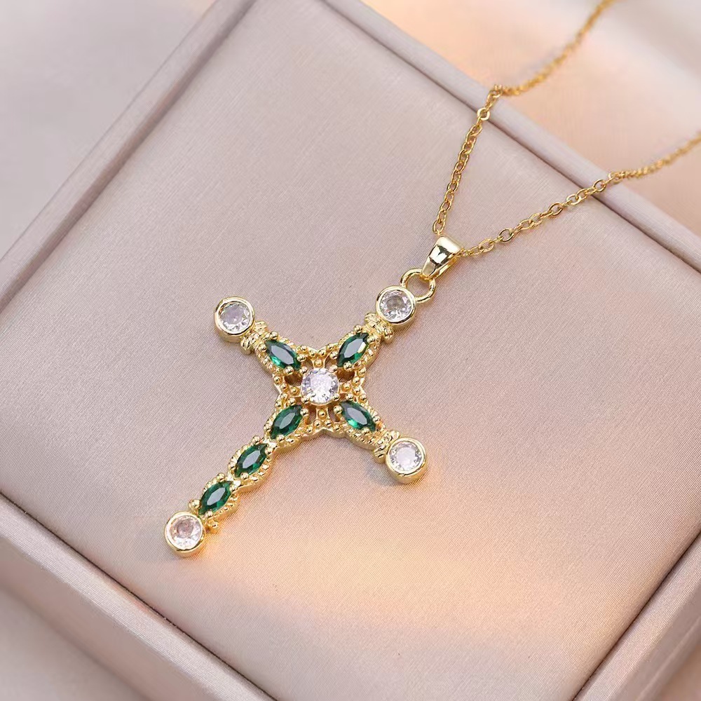 Wholesale Jewelry Shiny Cross Titanium Steel Zircon Inlay Pendant Necklace Cable Chain display picture 25