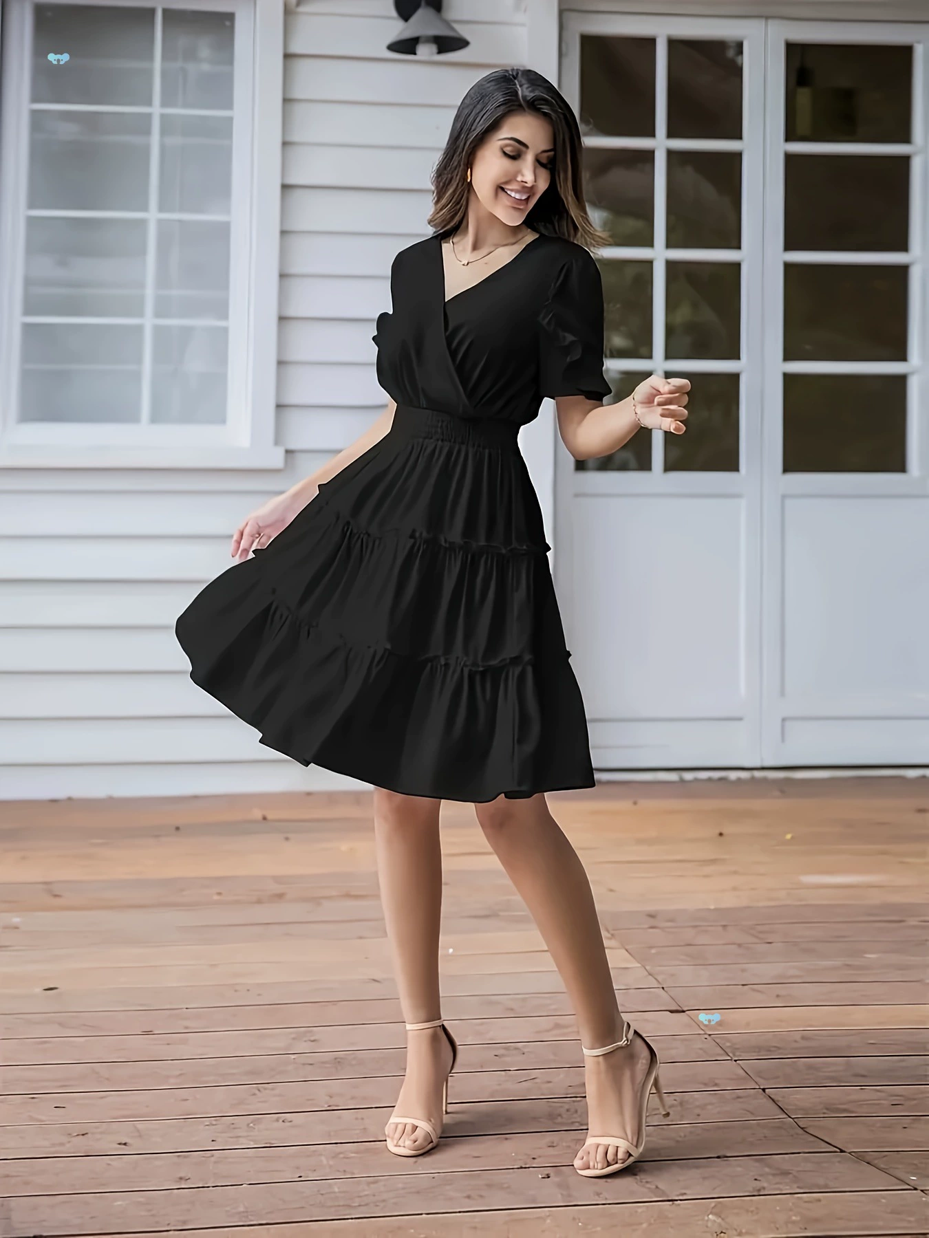 Однотонное платье с рюшами и воротником, элегантное многослойное платье с короткими рукавами