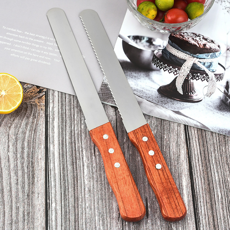 Cuchillo de pan de acero inoxidable con mango de madera al por mayor 8 pulgadas 10 pulgadas 12 pulgadas cortador de horneado dentado tostado espátula de pastel de crema