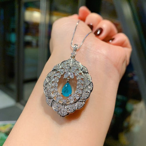 Gemini Jewelry Wholesale Imitation Paraiba Vintage Style Sparkling Full Diamond Setting Pendant Ring Earrings Set