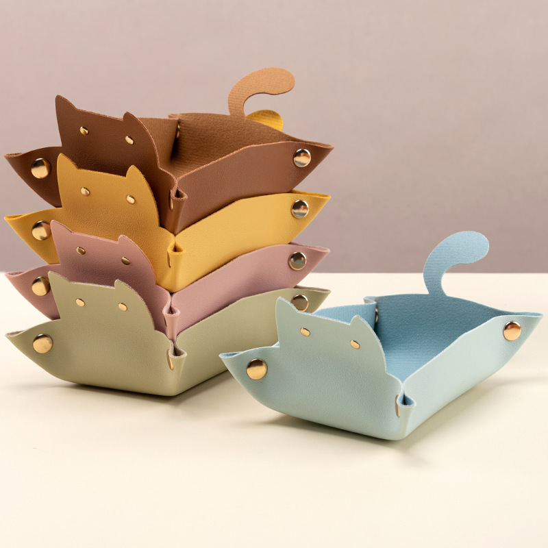 Wholesale cute cat sundries tray cartoon leather porch key storage tray velvet solid color key storage box