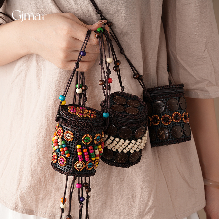 Bohemian Ethnic Style Geometric Wooden Bag Necklace Accessories Women's Fashion Sweater Chain Light Luxury High-End Necklace