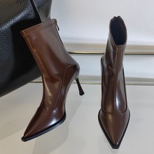 秋冬季新款细跟尖头短靴女单靴高跟鞋踝靴黑色气质后拉链瘦瘦靴女