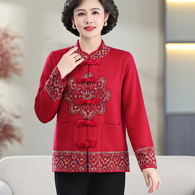 Autumn Dress for the Elderly Women's Top Mother Old Lady Old Man Birthday Button Grandma Dress Autumn and Winter Coat Knitted Cardigan