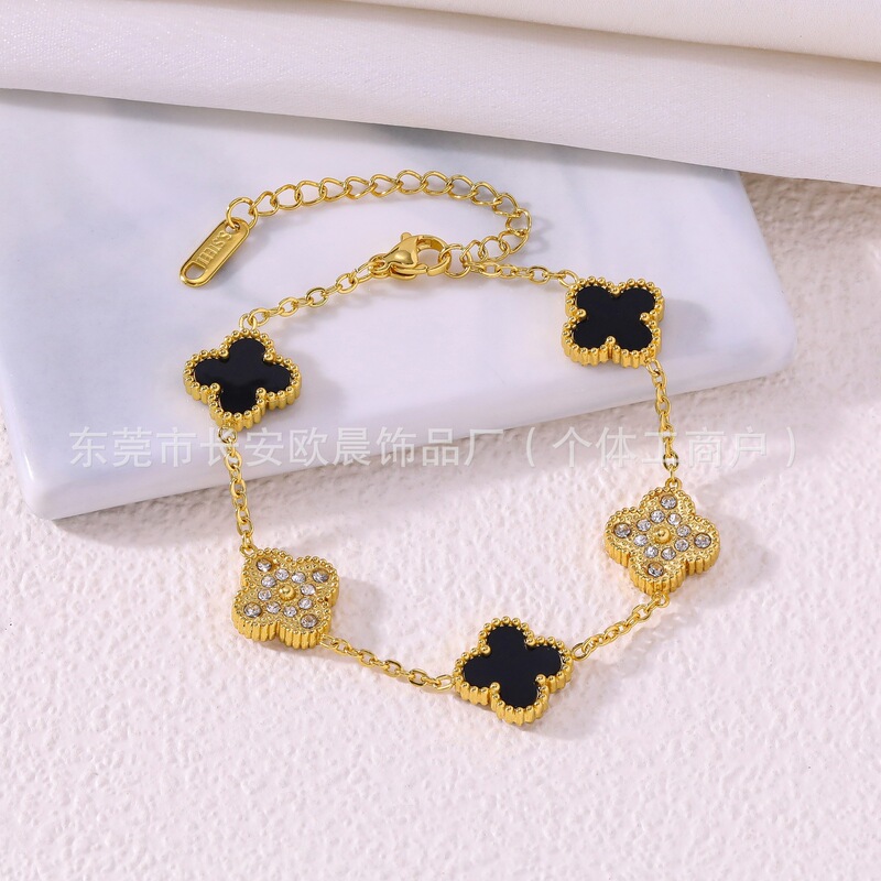 Cross-Border Diamond 13mm Four-Leaf Clover Bracelet Titanium Steel Gold-Plated 18K Diamond Double-Sided Mother-Of-Pearl Bracelet Jewelry Fashion Hand Cross-Border Diamond 13mm Four-Leaf Clover Bracelet Titanium Steel Gold-Plated 18K Diamond Double-Sided Mother-Of-Pearl Bracelet Jewelry Fashion Hand
