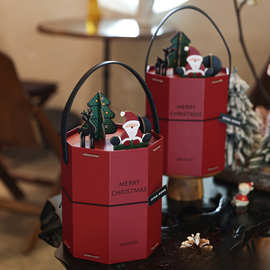 2024圣诞节礼盒包装空盒子抱抱桶八边形牛轧糖果雪花酥饼干新年