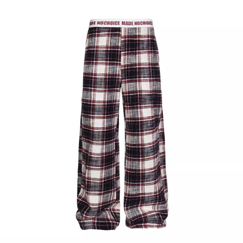 Lazy Boyfriend Style Low-Waist Plaid Color-Blocked Brushed Wide-Leg Casual Pants 2025 Hot Girl Loose Drawstring Pants Floor-Length Pants