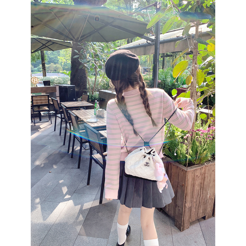 曾小咸韩系粉色条纹假两件针织开衫女秋冬毛衣外套早秋穿搭衣开衫|undefined