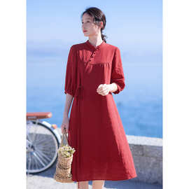 红色新中式连衣裙女中长款气质春夏装2024新款气质收腰显瘦裙子