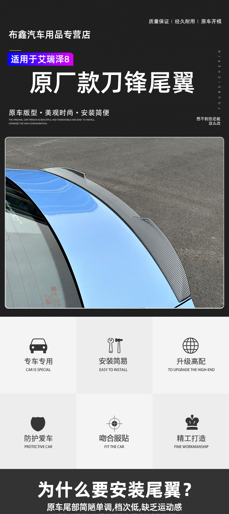 Suitable for Chery Arrizo 8 Tail Wing A8Pro Appearance Modification Original Blade Large Pressure Tail Wing Free