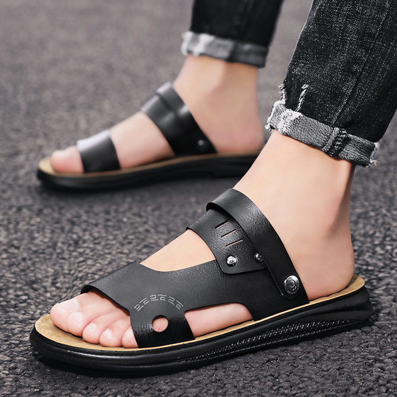 Dép sandal nam hở ngón quai ngang chất liệu da PU chống trơn trượt, size lớn đi ngoài trời và đi biển — Màu nâu, Màu đen