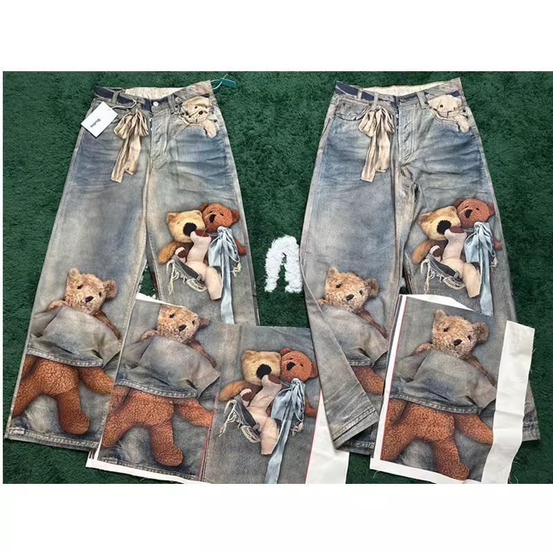 1981 Wide-Leg Jeans with 3D Teddy Bear Print for Men and Women