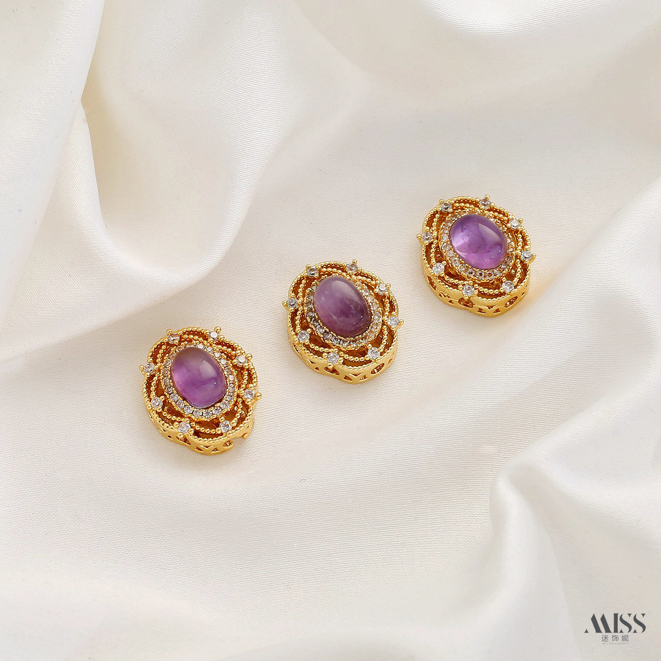 Inlaid with natural amethyst, plated with real gold and thick silver, angel and osmanthus drop-shaped decorative bead pendant DIY jewelry accessories