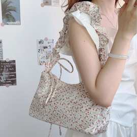 温柔甜美小碎花帆布包女2024新款抽绳单肩包小众高颜值百搭斜挎包