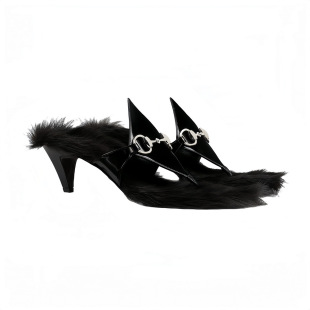 European and American Foreign Trade Women's 2024 New Outer Wear Sexy Black Fur Stitching Horsebit Flip-Up High-Heeled Shoes Sandals