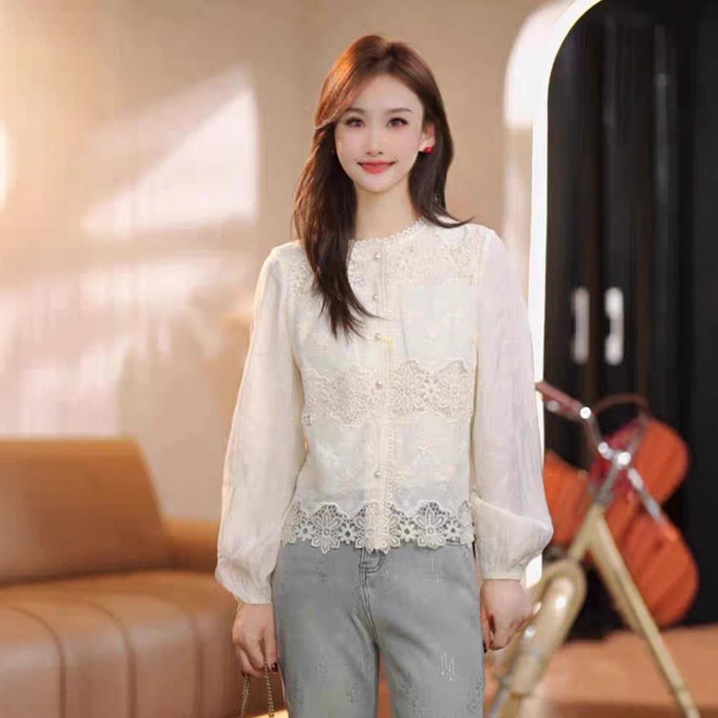 2025 Spring New Elegant Lace Shirt Cardigan Styky French White Shirt Women's Long-sleeved All-match Top