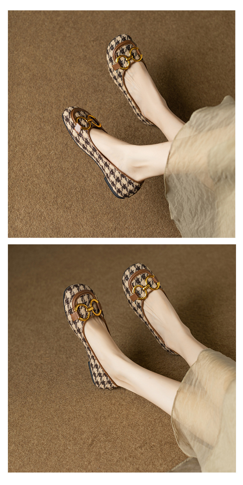 Damen Retro Karo Moccasins Mit Eckiger Kappe Und Schnalle_voghion.com