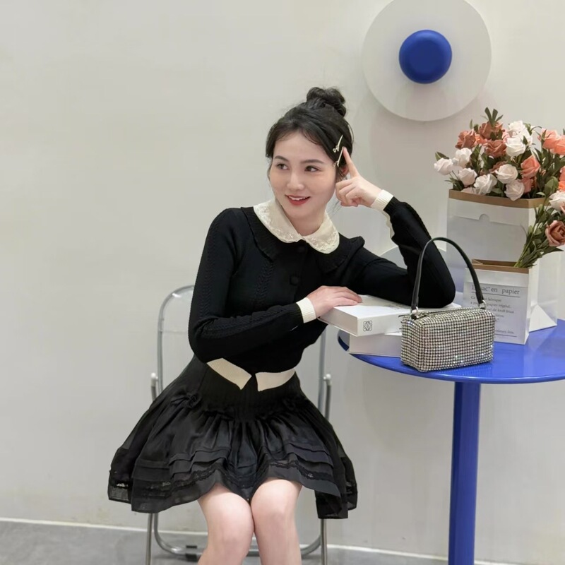 现货2025秋季新款气质甜美风撞色娃娃领短款针织开衫FF25Q00ZM261|undefined
