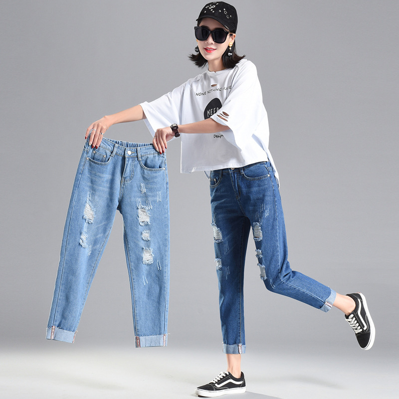 Cross-border Ripped Jeans for Women's Loose Beggars Spring and Summer New bf Student Slim-looking Elathe Cropped Pants