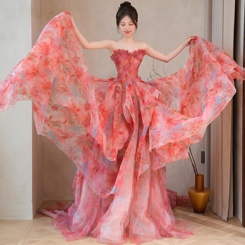 Strapless Evening Dress French Light Luxury Bride Wedding Robe Toast Dress High-End Birthday Banquet Rose Princess Dress