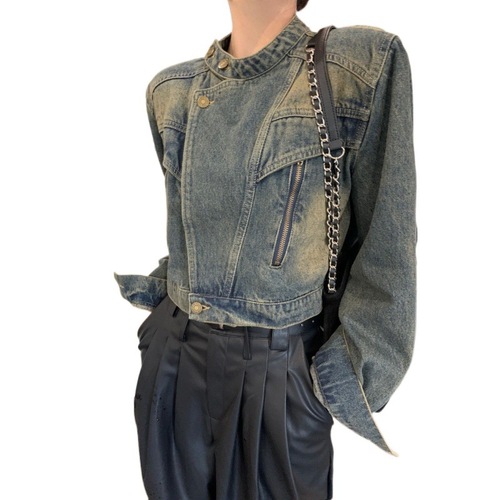 Retro American distressed style design stand collar workwear denim jacket for women autumn new slim fit short top