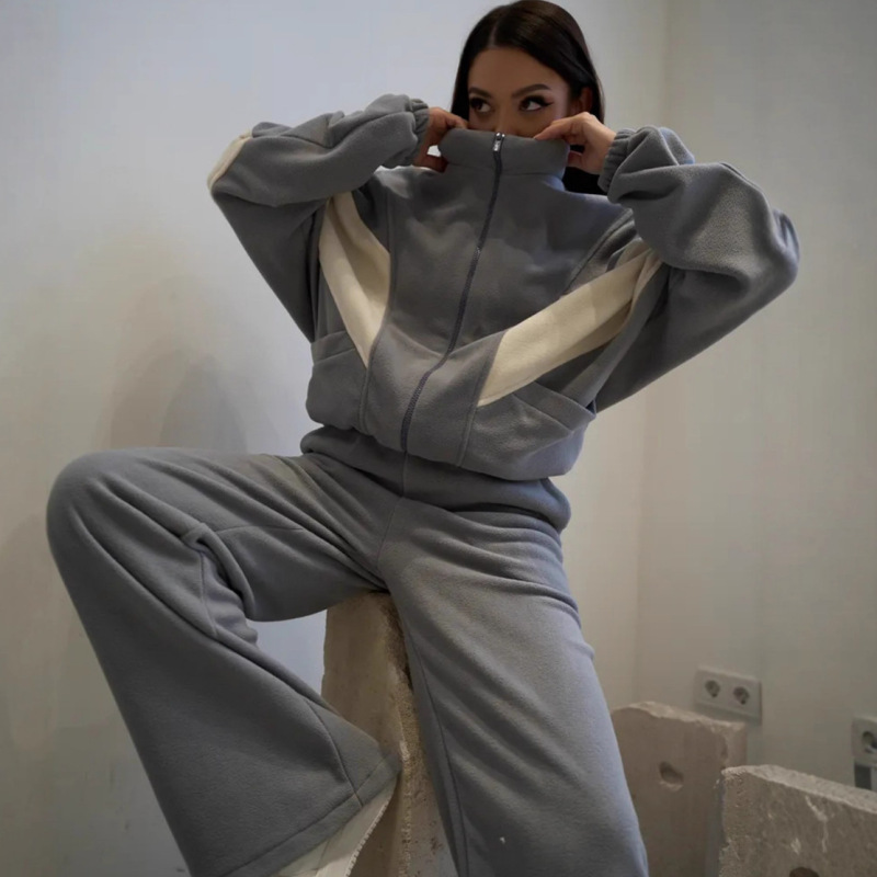 European and American Cross-Border Casual Polar Fleece Suit Women's Long-Sleeved Zipper Color-Blocked Cardigan Sweatshirt Elastic Wide-Leg Pants Two-Piece Set European and American Cross-Border Casual Polar Fleece Suit Women's Long-Sleeved Zipper Color-Blocked Cardigan Sweatshirt Elastic Wide-Leg Pants Two-Piece Set
