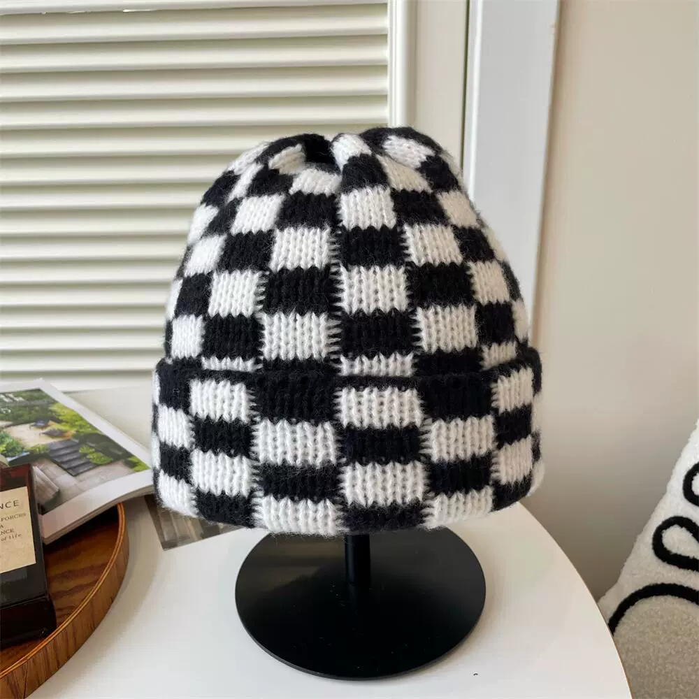 Demi-season double-layer chess, universal keep warm woolen knitted hat, increased thickness, oversize