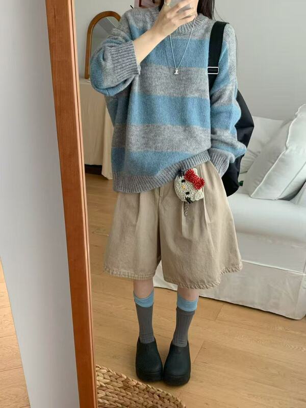 蓝色条纹毛衣女秋冬加厚内搭套头高级感软糯浣熊绒针织打底衫上衣|undefined