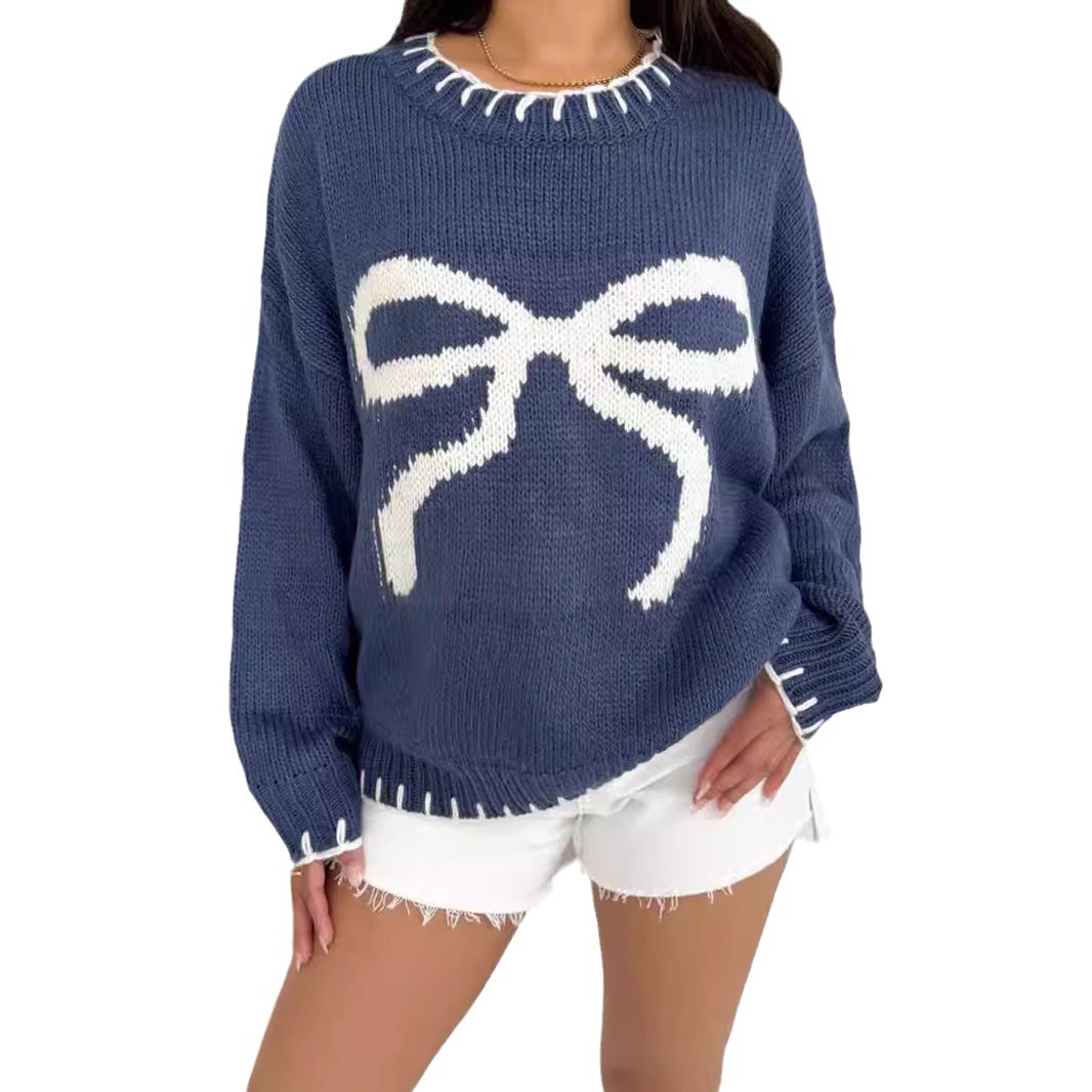 Women's Clothing Women's Bow Jacquard Sweater Autumn And Winter Lazy Style Loose Warm And Comfortable Pullover Sweater_voghion.com