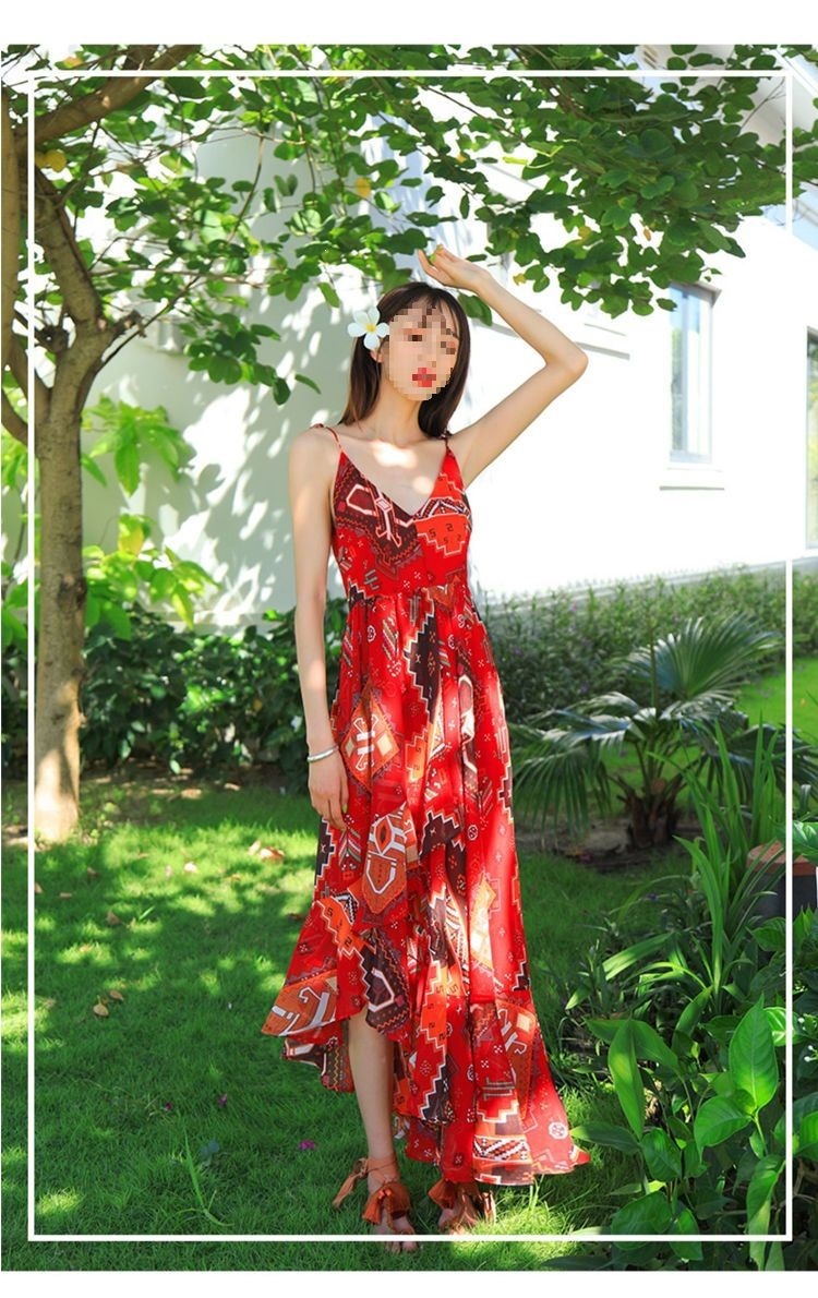 Đầm maxi voan treo nữ phong cách Bohemian dài chấm gót — màu đỏ chi tiết 12