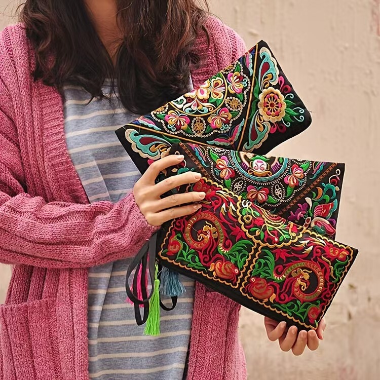 Double-Sided Embroidered Ethnic Style Women's Clutch Large Wallet Coin Purse Student Girl Bag Zipper Compact Gu Liang Jiji