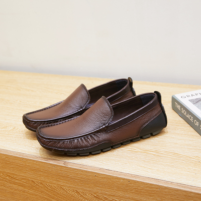 New single-layer leather bean shoes comfortable breathable flat men's leather shoes_voghion.com
