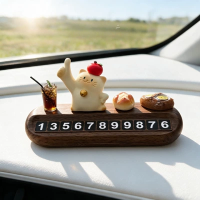 2026 New Model Temporary Parking Number Plate for Car, Hidden Mobile Phone Number Plate for Moving Vehicle, Suitable for Women (Nömrəli dayanma kartı) - lucky-golden-bell-cat-small-ornament-wood-grain-parking-sign-comes-with-5-sets-of-numbers