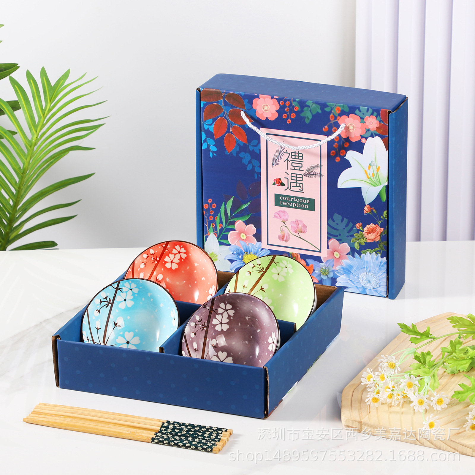 Regalo bohemio tazón de cerámica y palillos traje al por mayor tazón y plato traje hogar tazón de arroz vajilla conjunto tazón caja de regalo traje