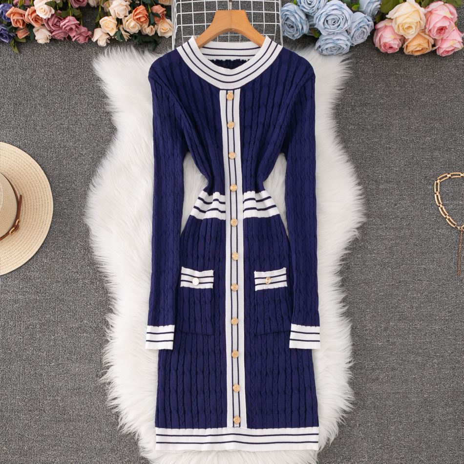 Slim Fit Knit Dress With Striped Pattern, Elegant High Waist Sweater Dress For Women, Casual Office Wear, Long Sleeve Round Neck Pullover Dress_ecoleips.com