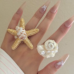 欧美海洋度假风手工天然贝壳个性戒指 ins夸张海星珍珠叠戴指环戒