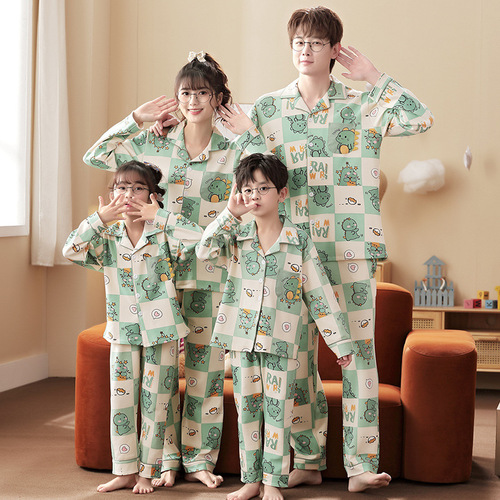 A set of pajamas for a family of three or four, suitable for spring and autumn, long-sleeved, pure cotton, for baby boys, children, father and son, home wear.