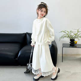 女童早秋套装儿童白色时尚长袖上衣中大童休闲蕾丝花边裙两件套潮